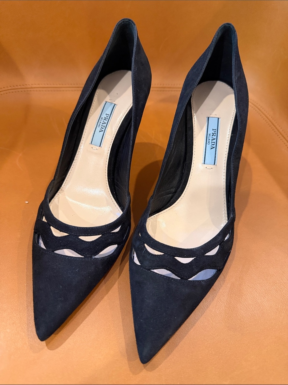 NIB Prada Black Suede Pointed-Toe Cutout Pumps 36.5